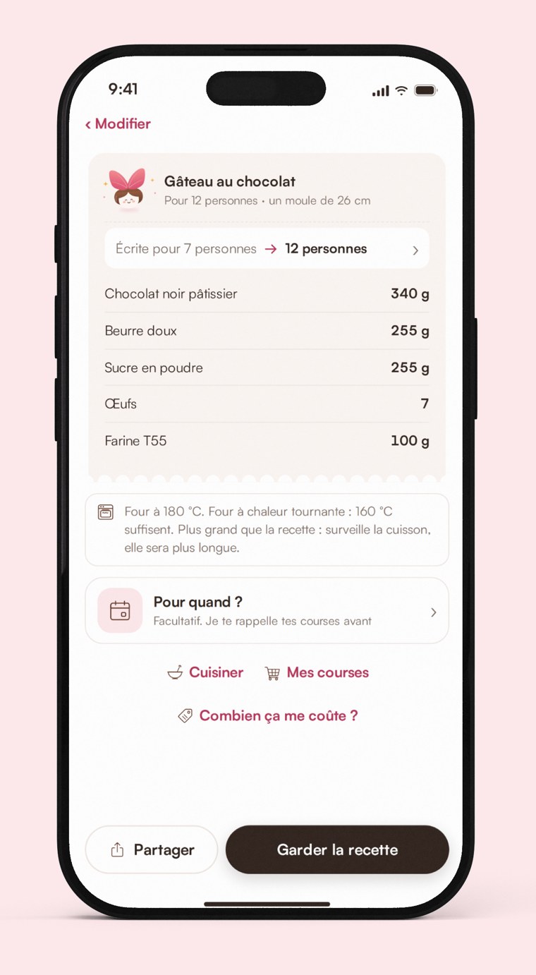 L'app Papillote sur iPhone : un gâteau au chocolat passé de 7 à 12 personnes